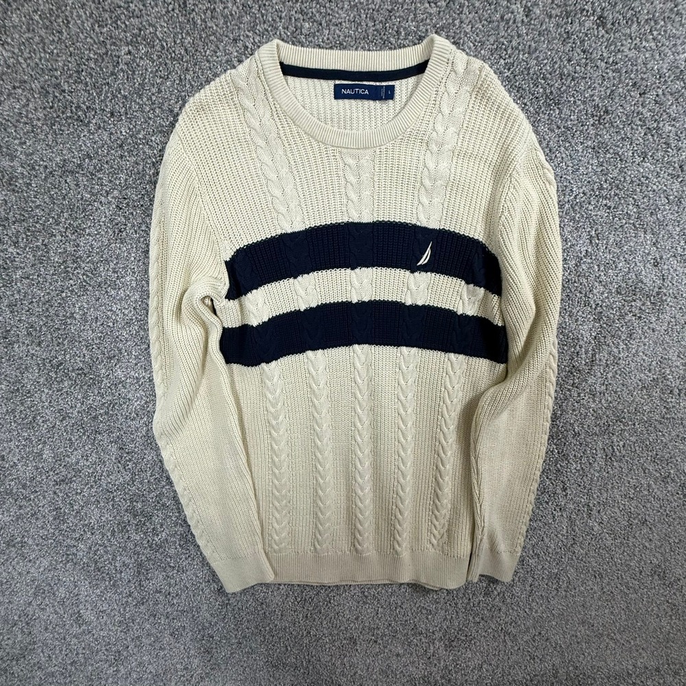Nautica Mens Large Cable Knit Sweater Cream Navy Blue Striped Cotton Pullover